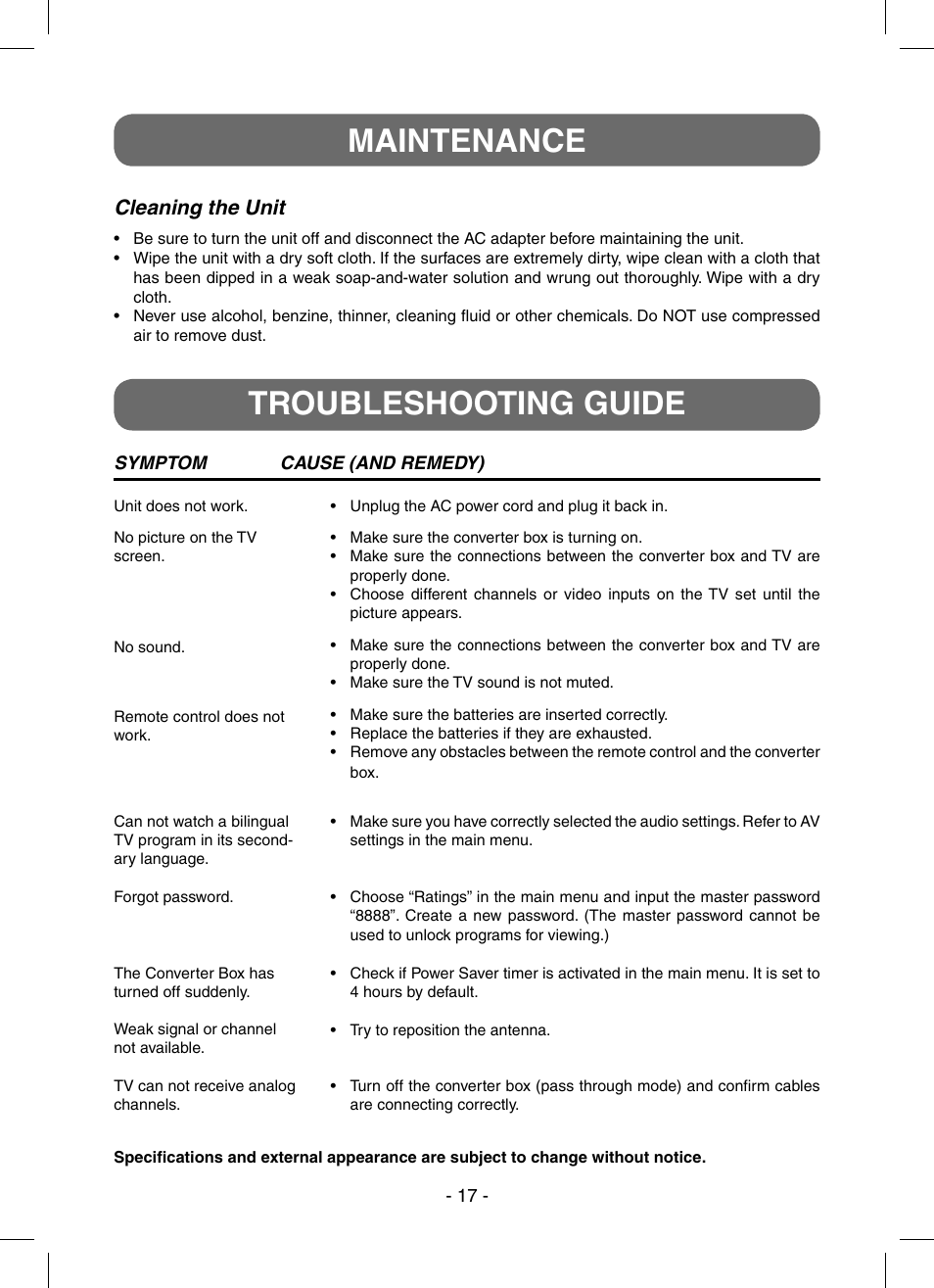 Maintenance, Troubleshooting guide, Cleaning the unit | RCA STB7766C User Manual | Page 18 / 20