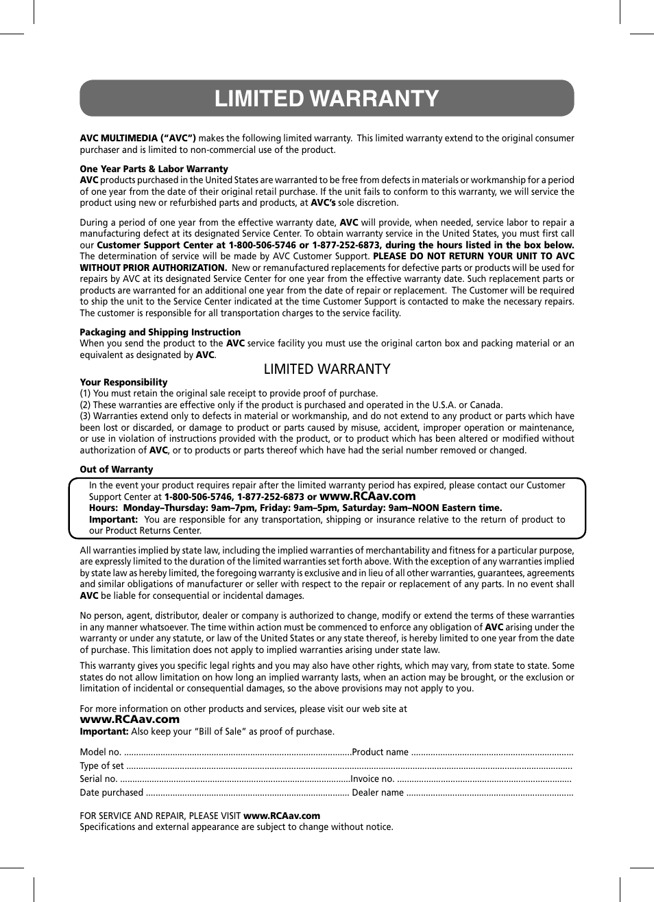 Limited warranty | RCA STB7766C User Manual | Page 19 / 20