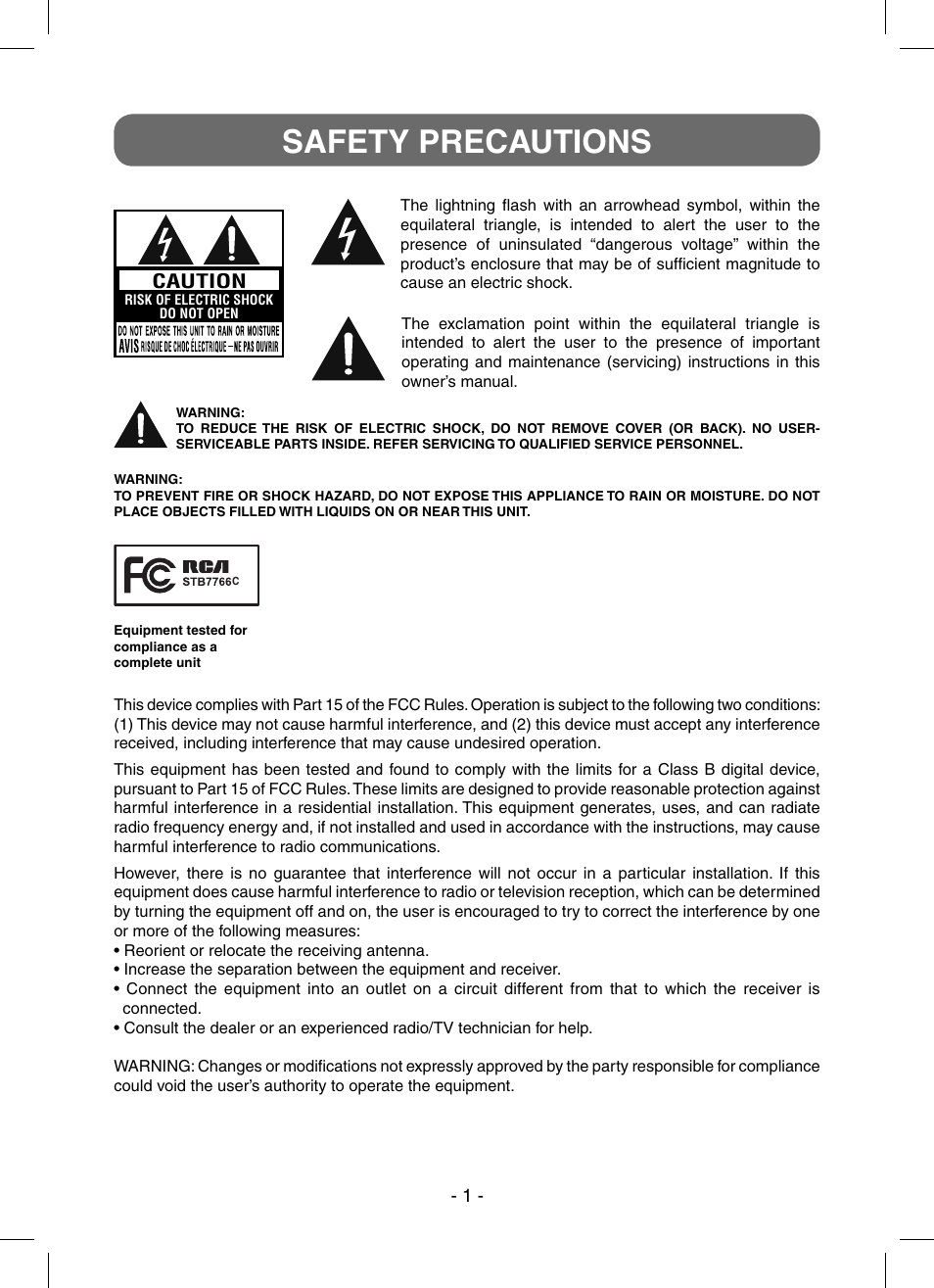 Safety precautions | RCA STB7766C User Manual | Page 2 / 20