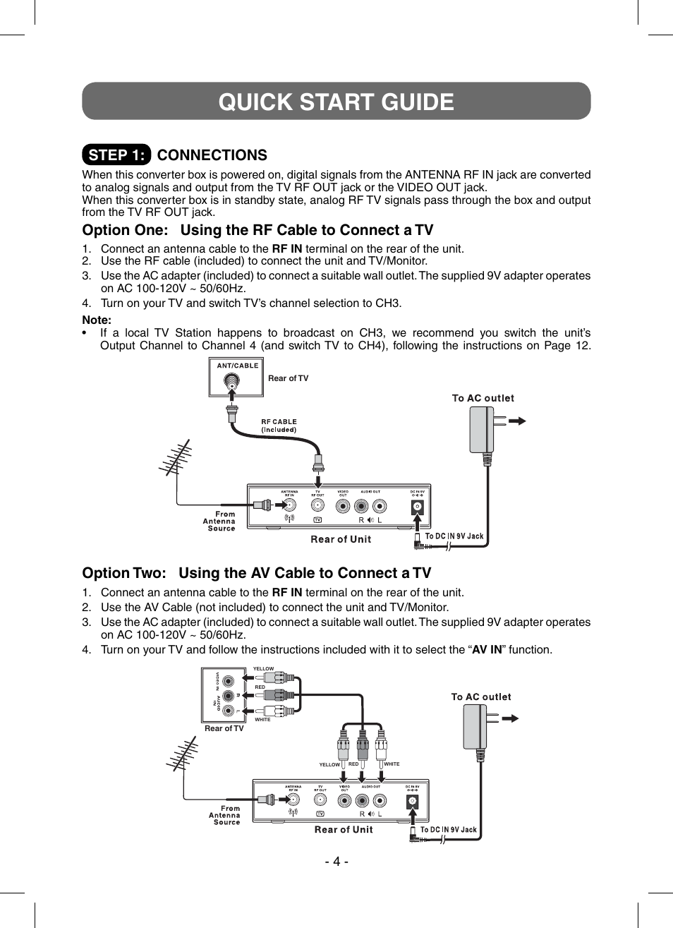 Quick start guide, Option two: using the av cable to connect a tv | RCA STB7766C User Manual | Page 5 / 20