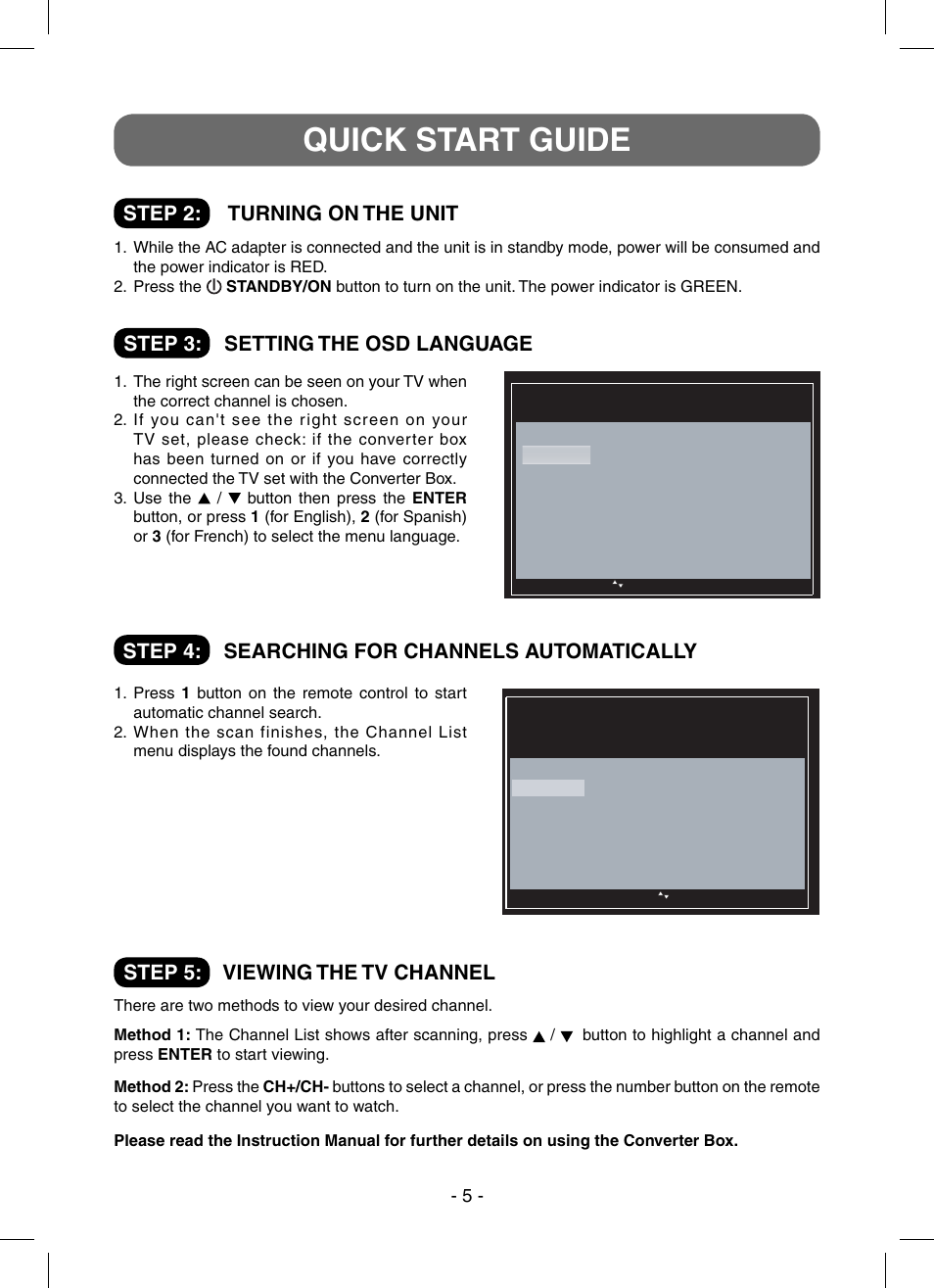 Quick start guide, Step 2: turning on the unit, Step 5: viewing the tv channel | Step 4: searching for channels automatically, Step 3: setting the osd language | RCA STB7766C User Manual | Page 6 / 20