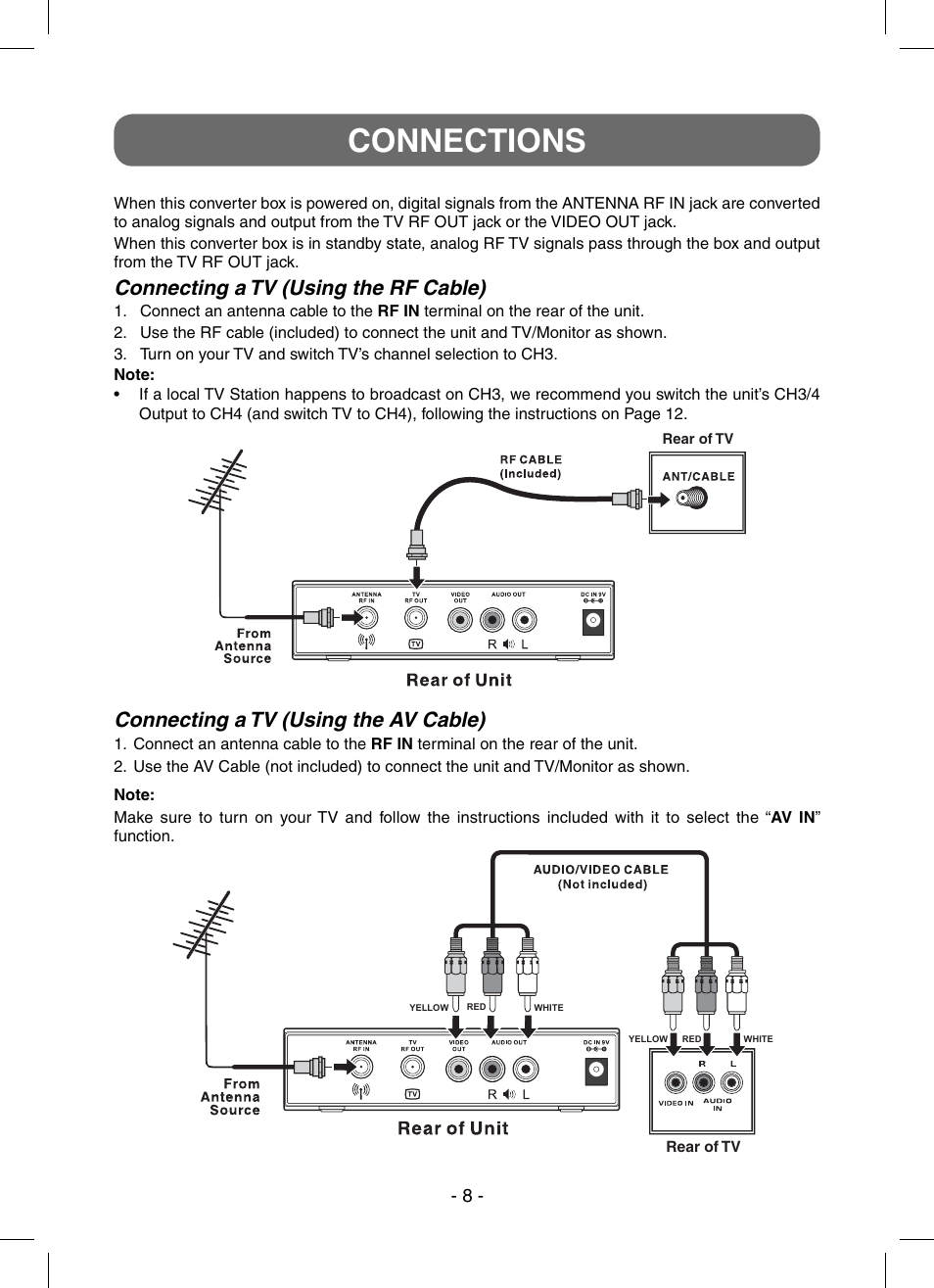 Connections, Connecting a tv (using the rf cable), Connecting a tv (using the av cable) | RCA STB7766C User Manual | Page 9 / 20