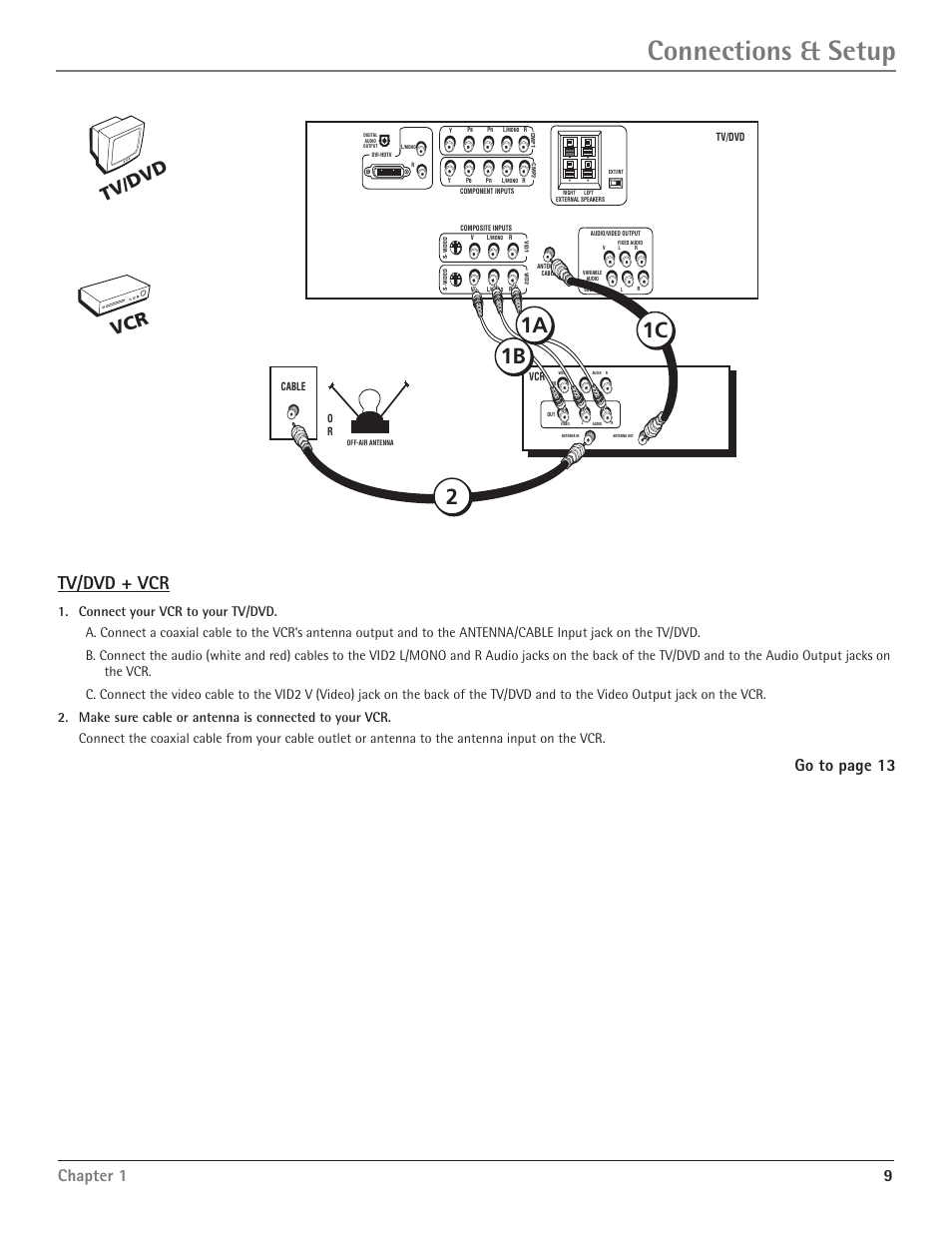 Connections & setup, 1a 2, 1b 1c | Tv/dvd + vcr, Tv/dvd vcr, Chapter 1 9, Go to page 13 | RCA HDTV/DVD Monitor User Manual | Page 11 / 48