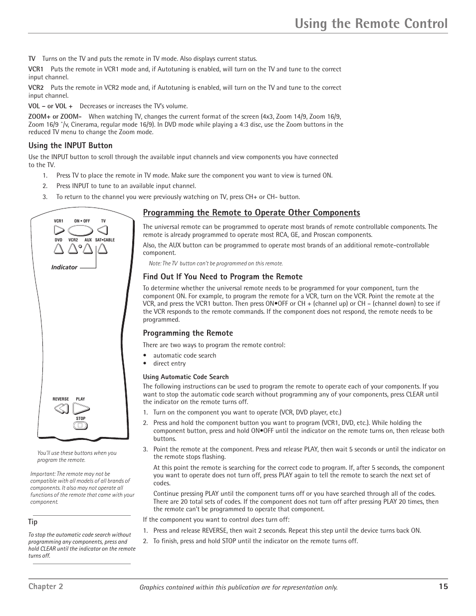 Using the remote control, Programming the remote to operate other components, Chapter 2 15 | Using the input button, Find out if you need to program the remote, Programming the remote | RCA HDTV/DVD Monitor User Manual | Page 17 / 48