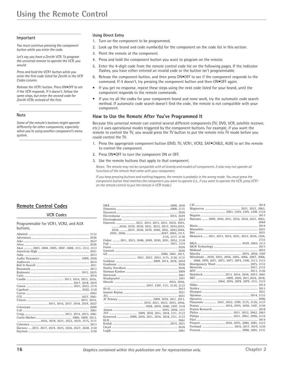 Using the remote control, Remote control codes, 16 chapter 2 | How to use the remote after you’ve programmed it | RCA HDTV/DVD Monitor User Manual | Page 18 / 48