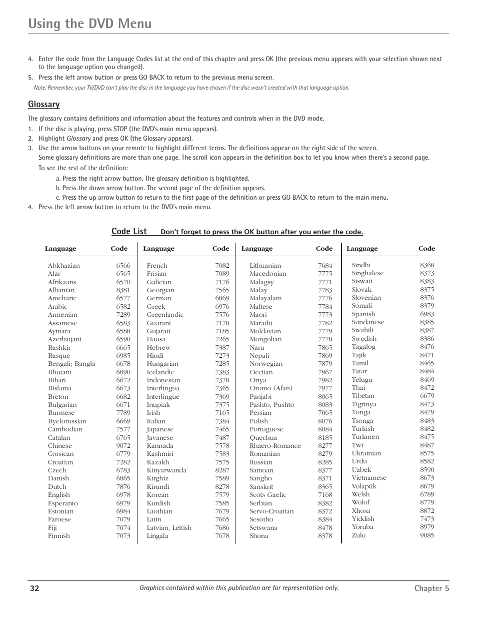 Using the dvd menu, Glossary, Code list | RCA HDTV/DVD Monitor User Manual | Page 34 / 48