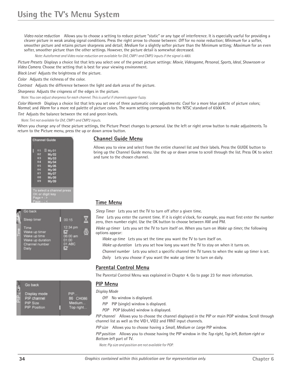 Using the tv’s menu system | RCA HDTV/DVD Monitor User Manual | Page 36 / 48