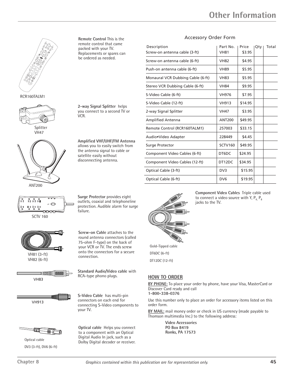 Other information, Chapter 8 45, How to order | Accessory order form, Sctv 160, Jacks to the tv, Total, Optical cable dv3 (3-ft), dv6 (6-ft) | RCA HDTV/DVD Monitor User Manual | Page 47 / 48