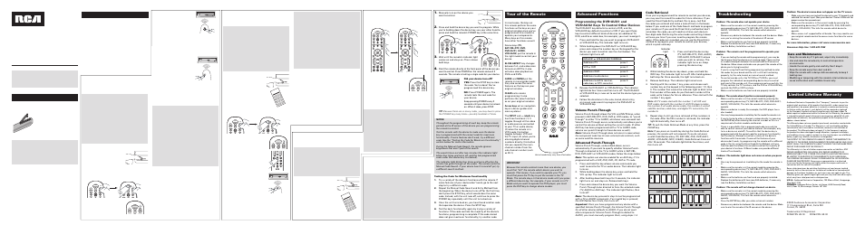 Care and maintenance, Code retrieval, Volume punch-through | Advanced punch-through | RCA RCR6473N User Manual | Page 2 / 4