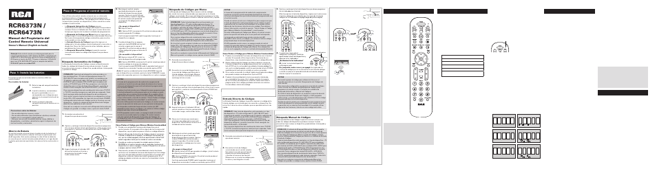 Ahorro de batería, Owner’s manual (english on back), Búsqueda automática de códigos | Búsqueda de códigos por marca, Entrada directa de códigos, Búsqueda manual de códigos | RCA RCR6473N User Manual | Page 3 / 4