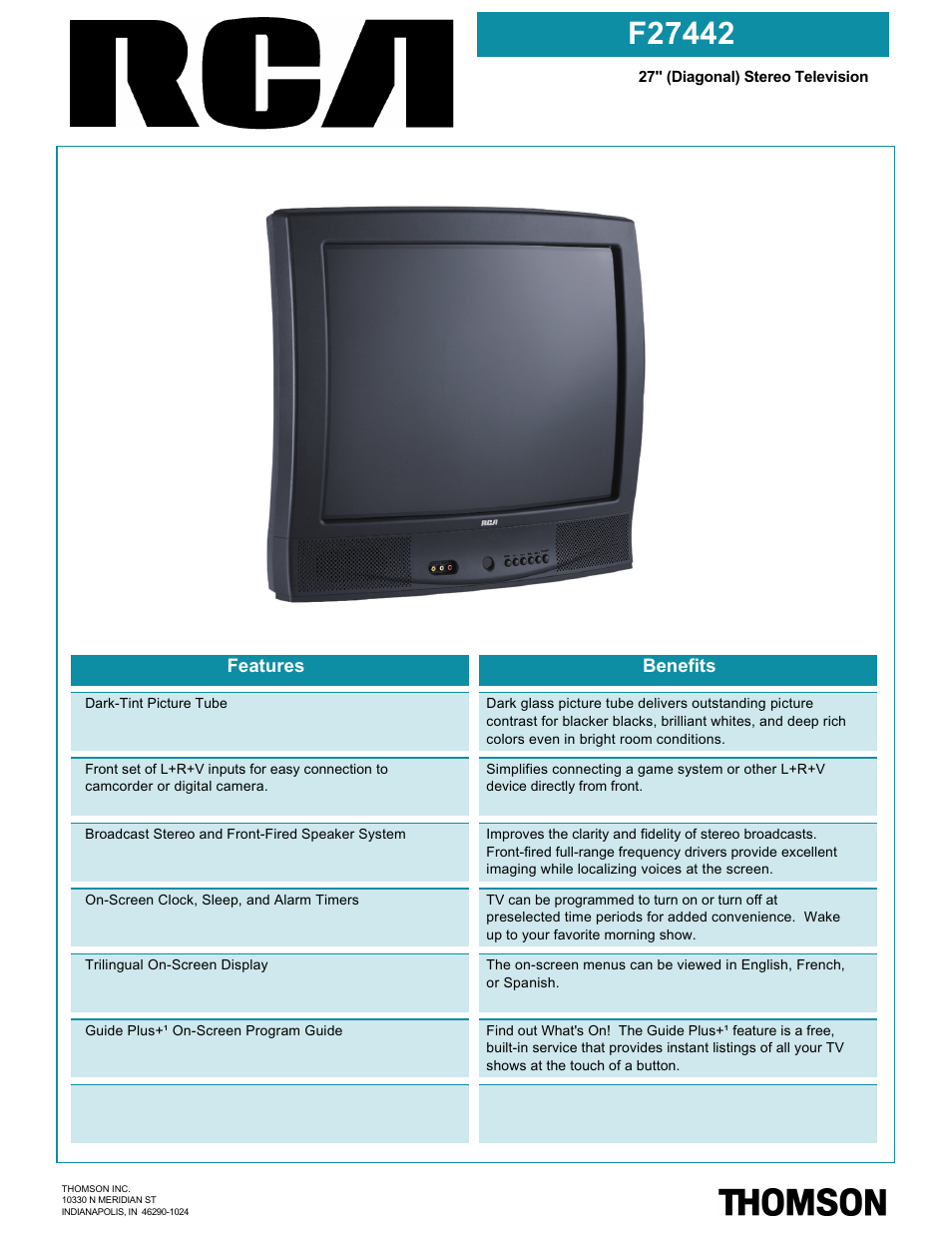 RCA F27442 User Manual | 2 pages