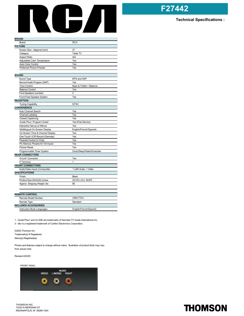 Technical specifications | RCA F27442 User Manual | Page 2 / 2