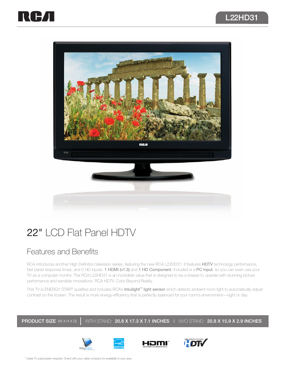 RCA L22HD31 User Manual | 2 pages