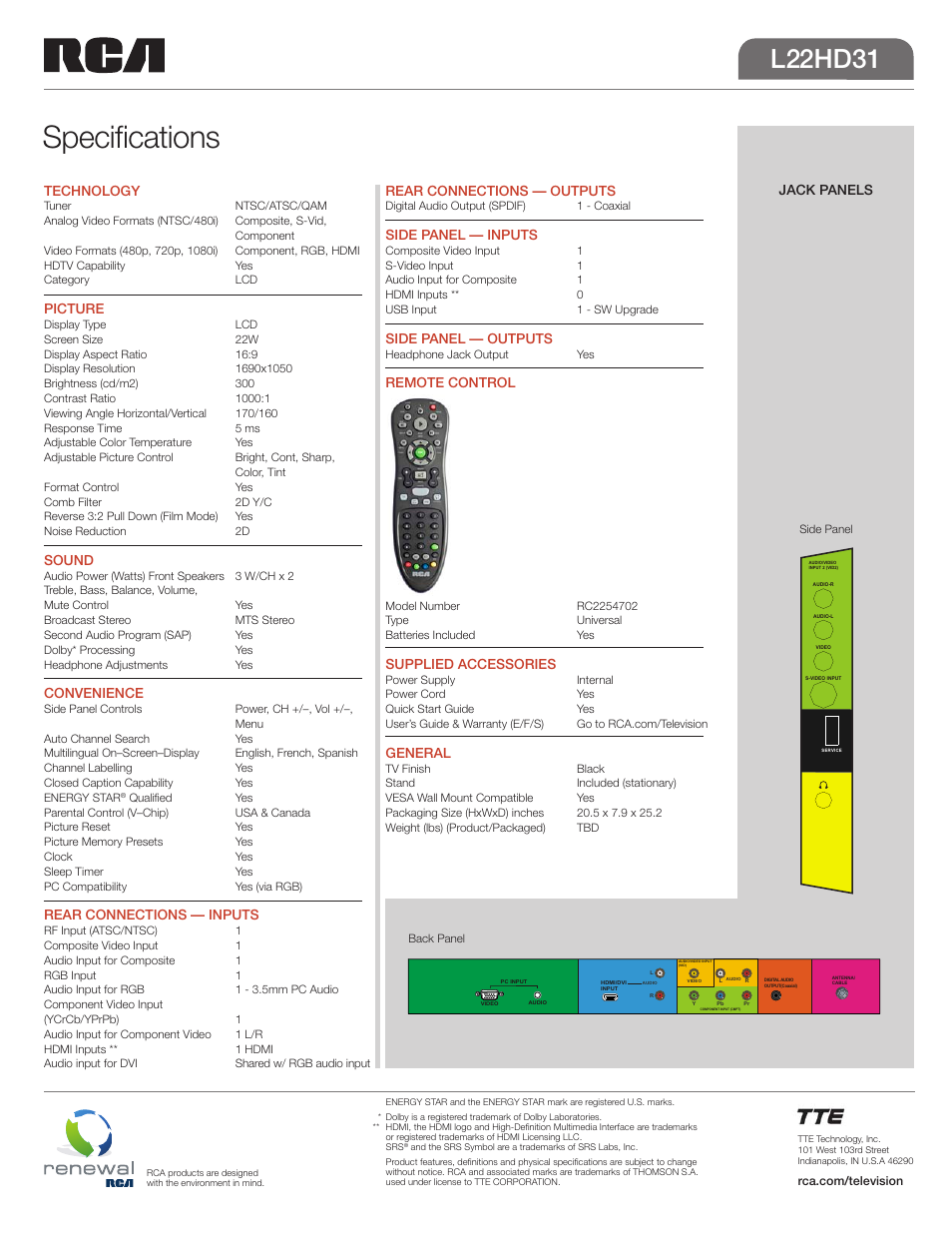 Specifications, L22hd31, Technology | Picture, Sound, Convenience, Rear connections — inputs, Rear connections — outputs, Side panel — inputs, Side panel — outputs | RCA L22HD31 User Manual | Page 2 / 2