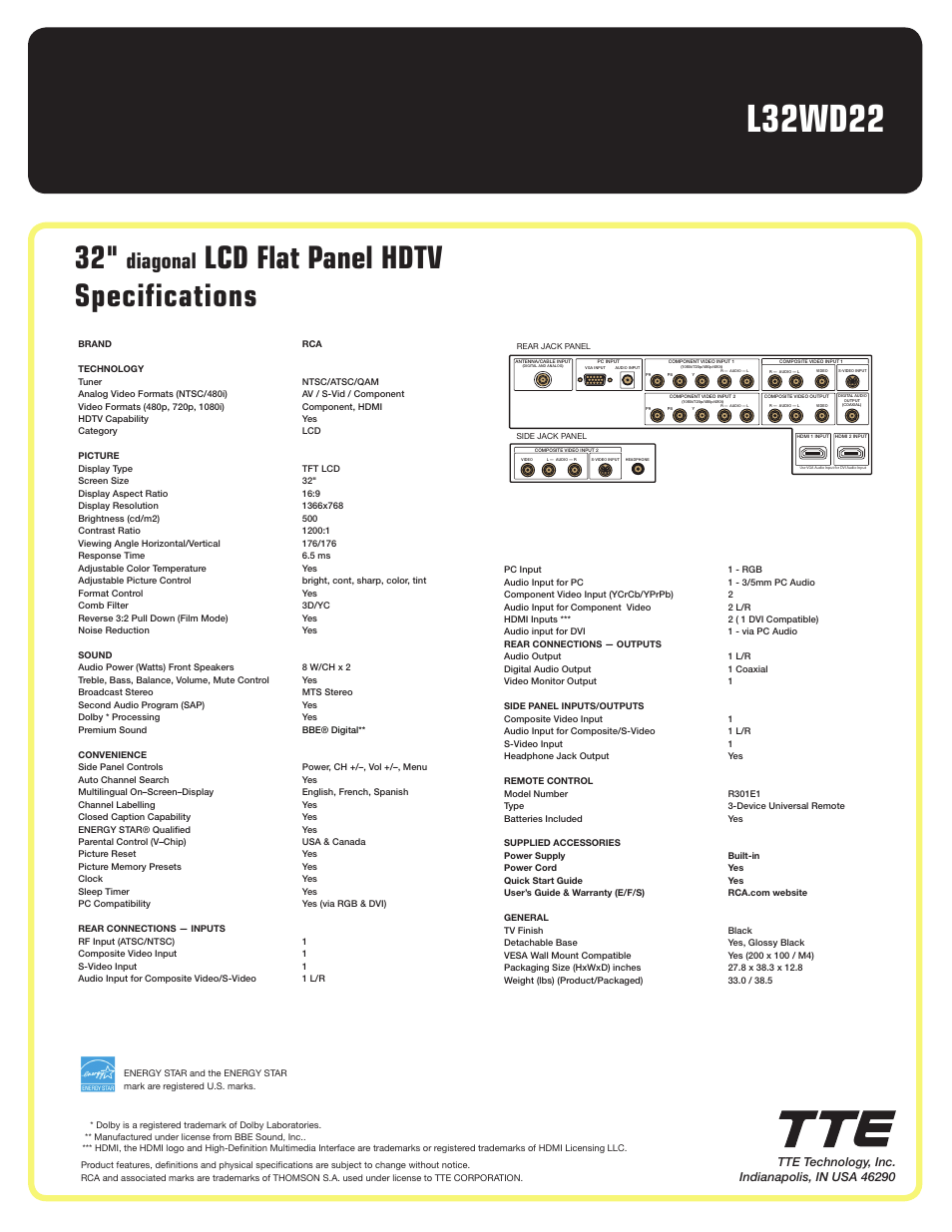 L32wd22, Lcd flat panel hdtv specifications, Diagonal | RCA L32WD22 User Manual | Page 2 / 2