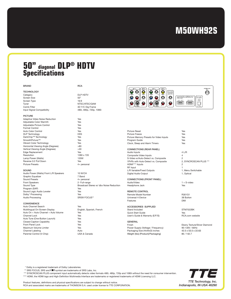 Hdtv, Specifications, Diagonal | RCA M50WH92S User Manual | Page 2 / 2