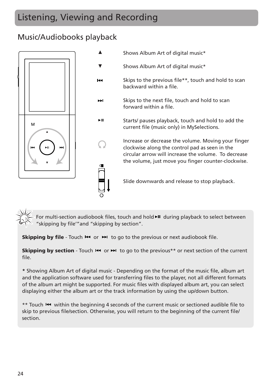Listening, viewing and recording, Music/audiobooks playback | RCA MC5102 User Manual | Page 24 / 45