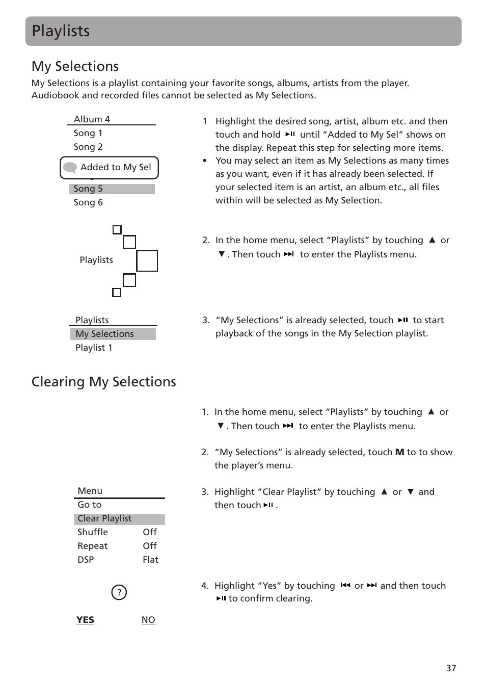 Playlists, My selections, Clearing my selections | RCA MC5102 User Manual | Page 37 / 45