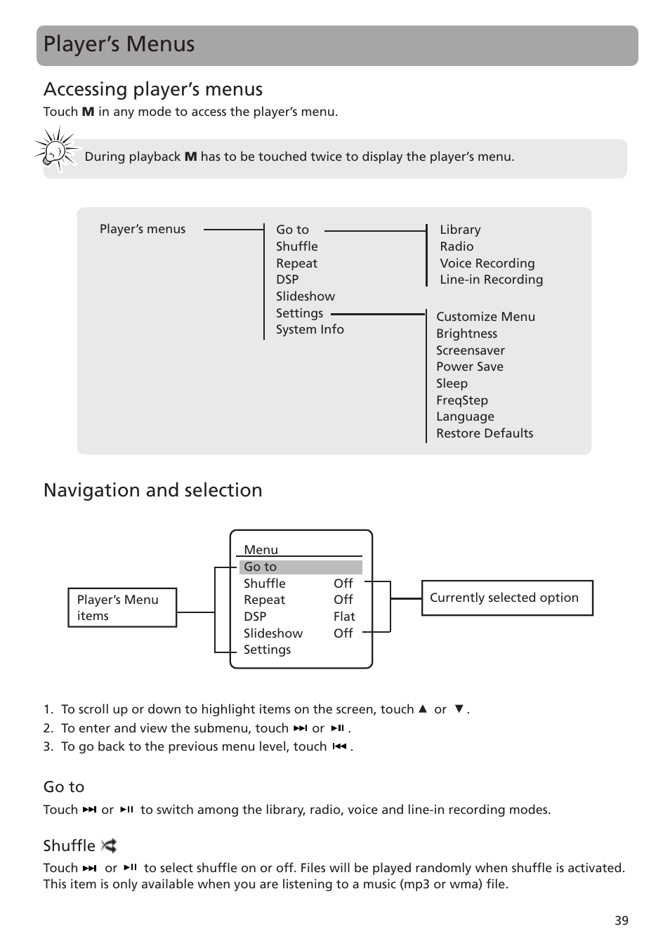 Player’s menus, Accessing player’s menus, Navigation and selection | RCA MC5102 User Manual | Page 39 / 45