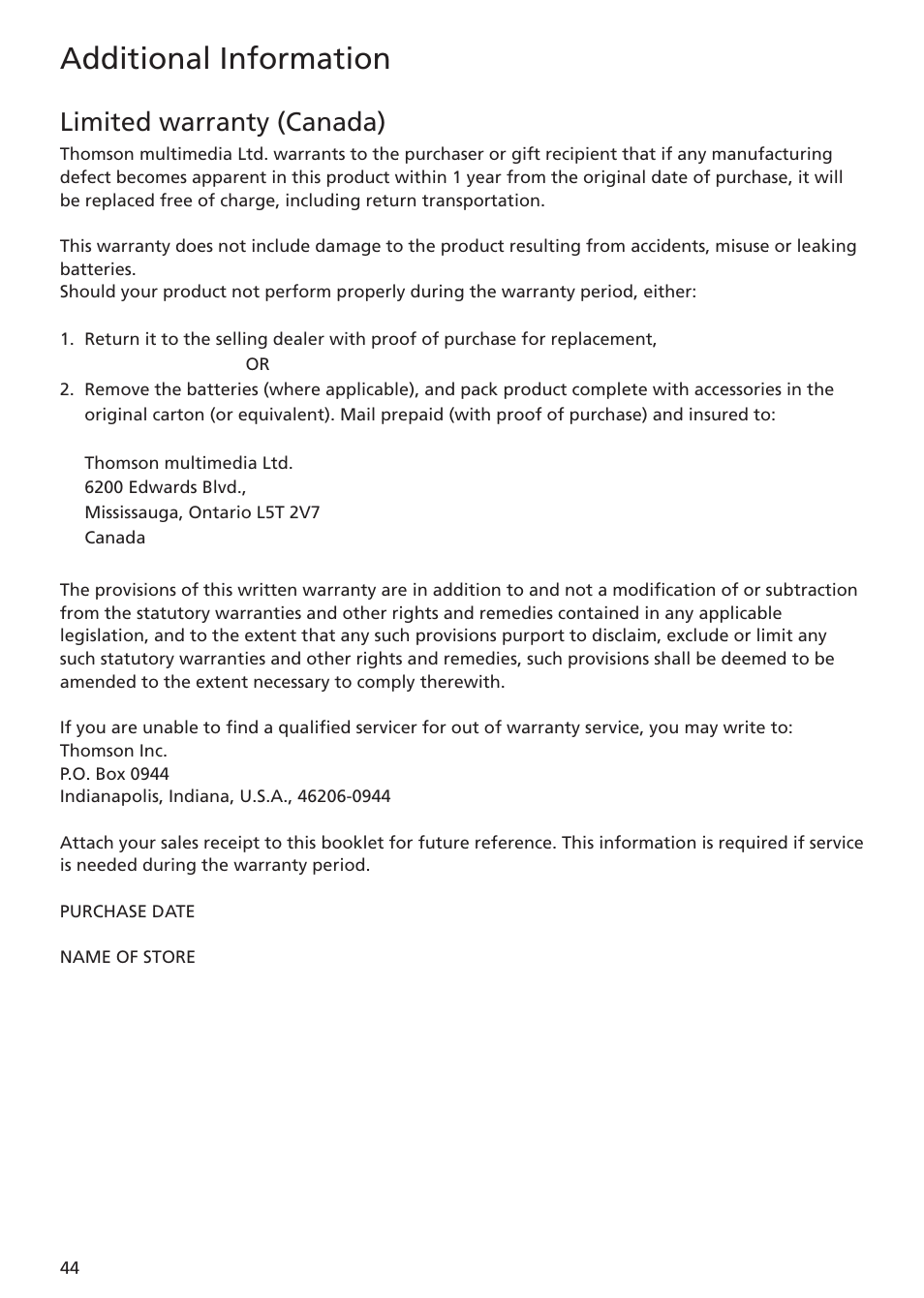 Limited warranty (canada), Additional information | RCA MC5102 User Manual | Page 44 / 45