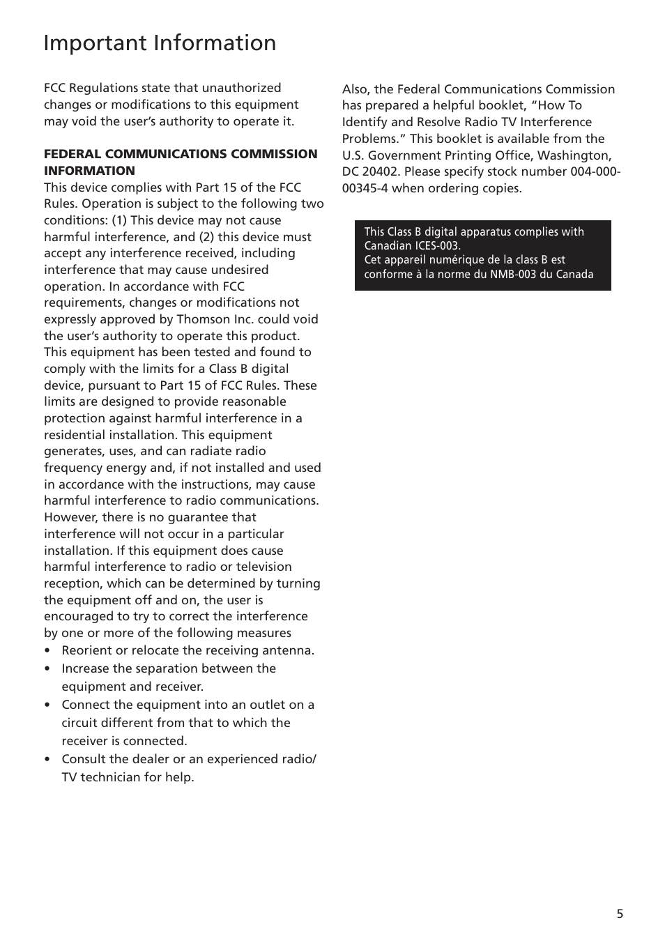 Important information | RCA MC5102 User Manual | Page 5 / 45