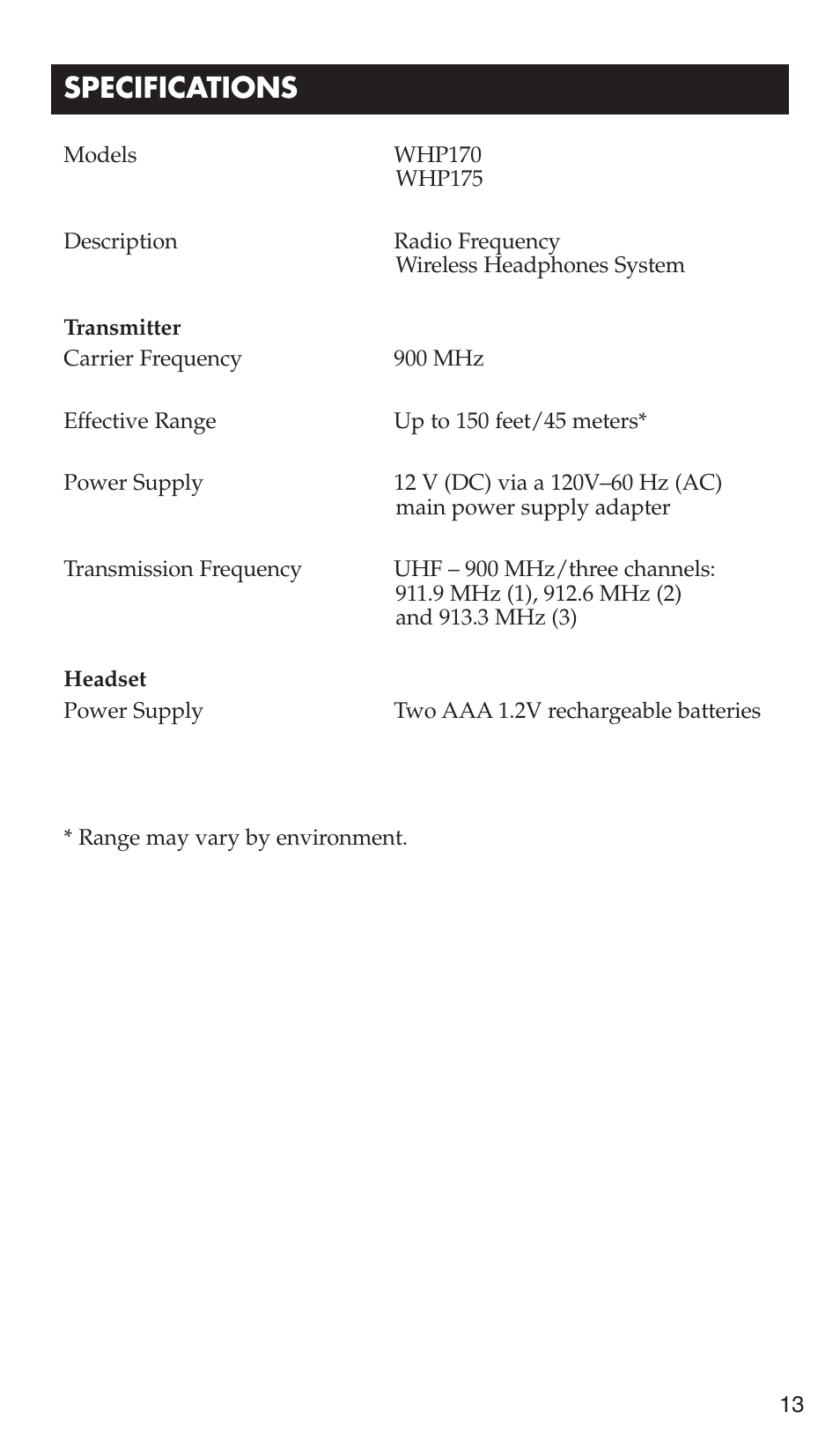 Specifications | RCA WHP175 User Manual | Page 13 / 44