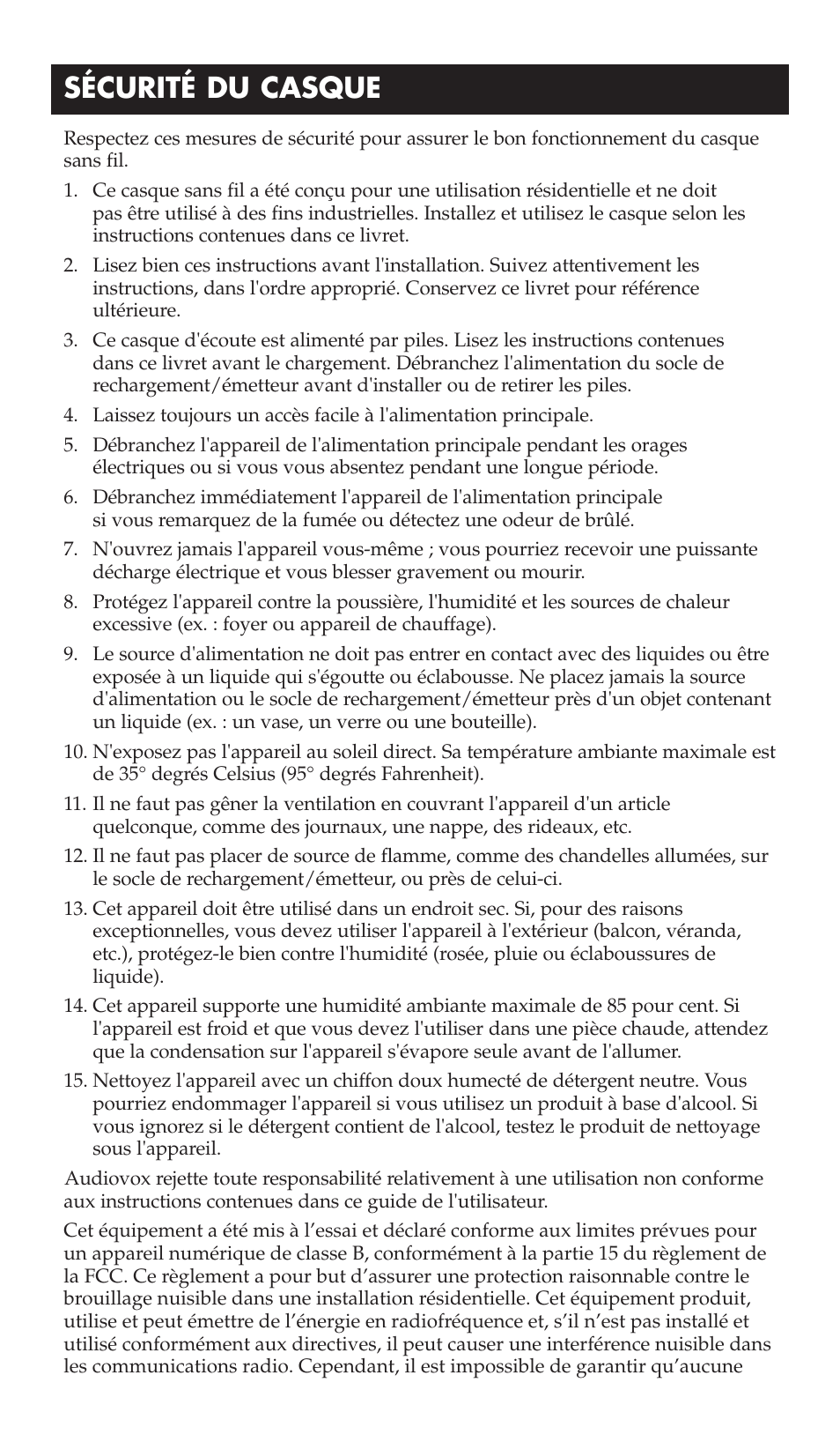 Sécurité du casque | RCA WHP175 User Manual | Page 16 / 44