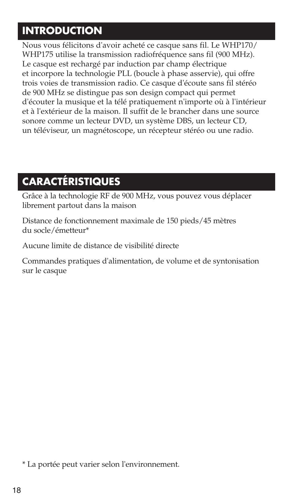 Caractéristiques, Introduction | RCA WHP175 User Manual | Page 18 / 44