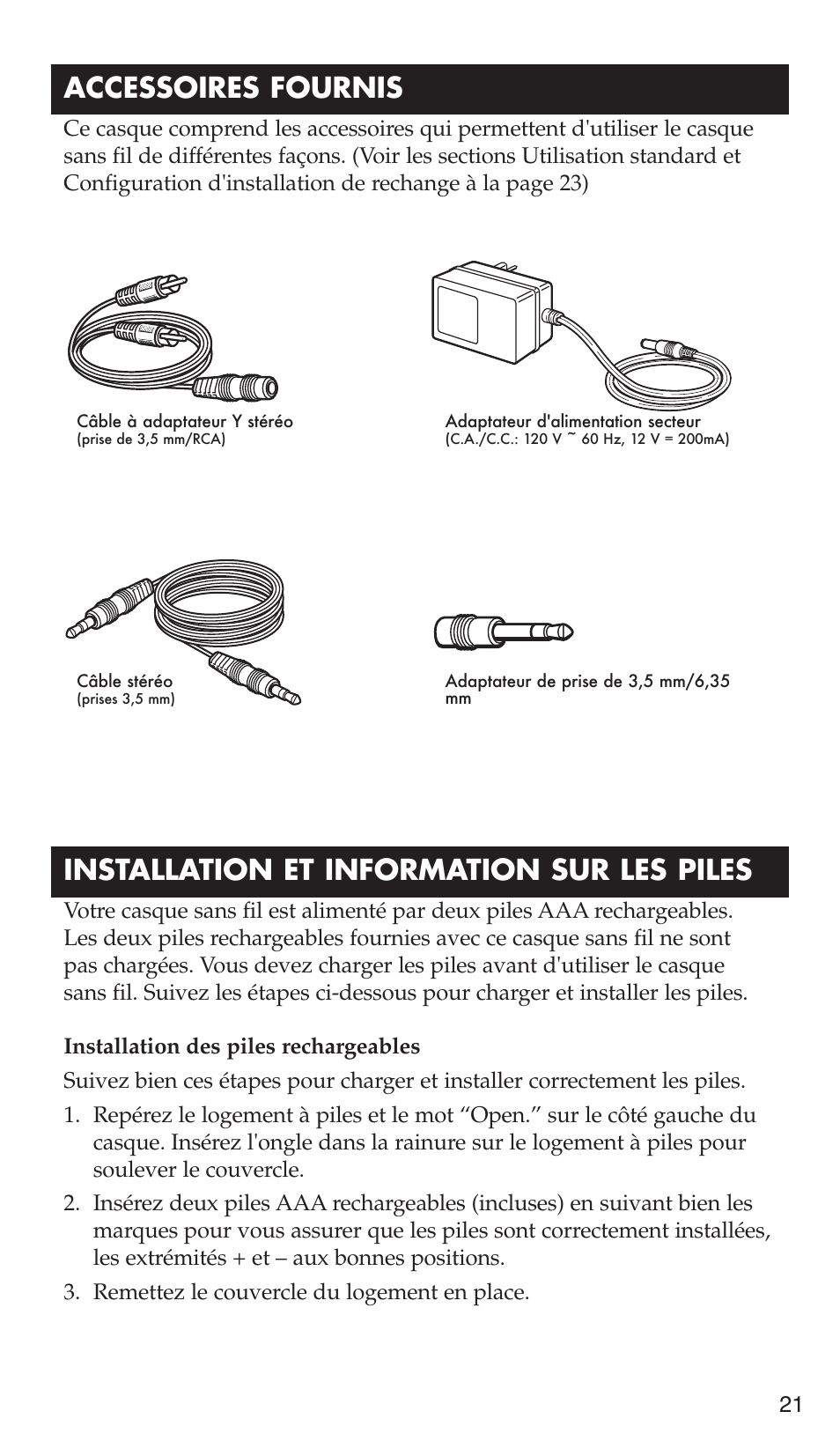 Accessoires fournis, Installation et information sur les piles | RCA WHP175 User Manual | Page 21 / 44