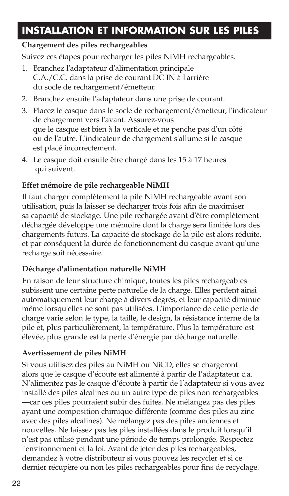 Installation et information sur les piles | RCA WHP175 User Manual | Page 22 / 44