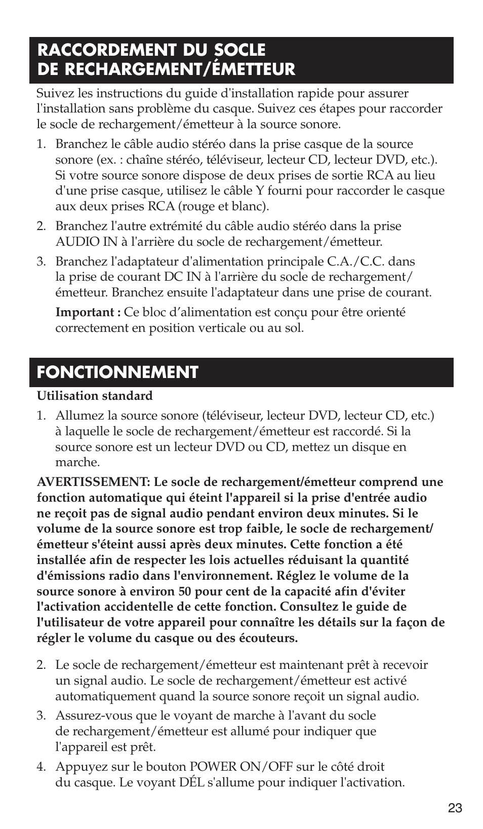 Raccordement du socle de rechargement/émetteur, Fonctionnement | RCA WHP175 User Manual | Page 23 / 44