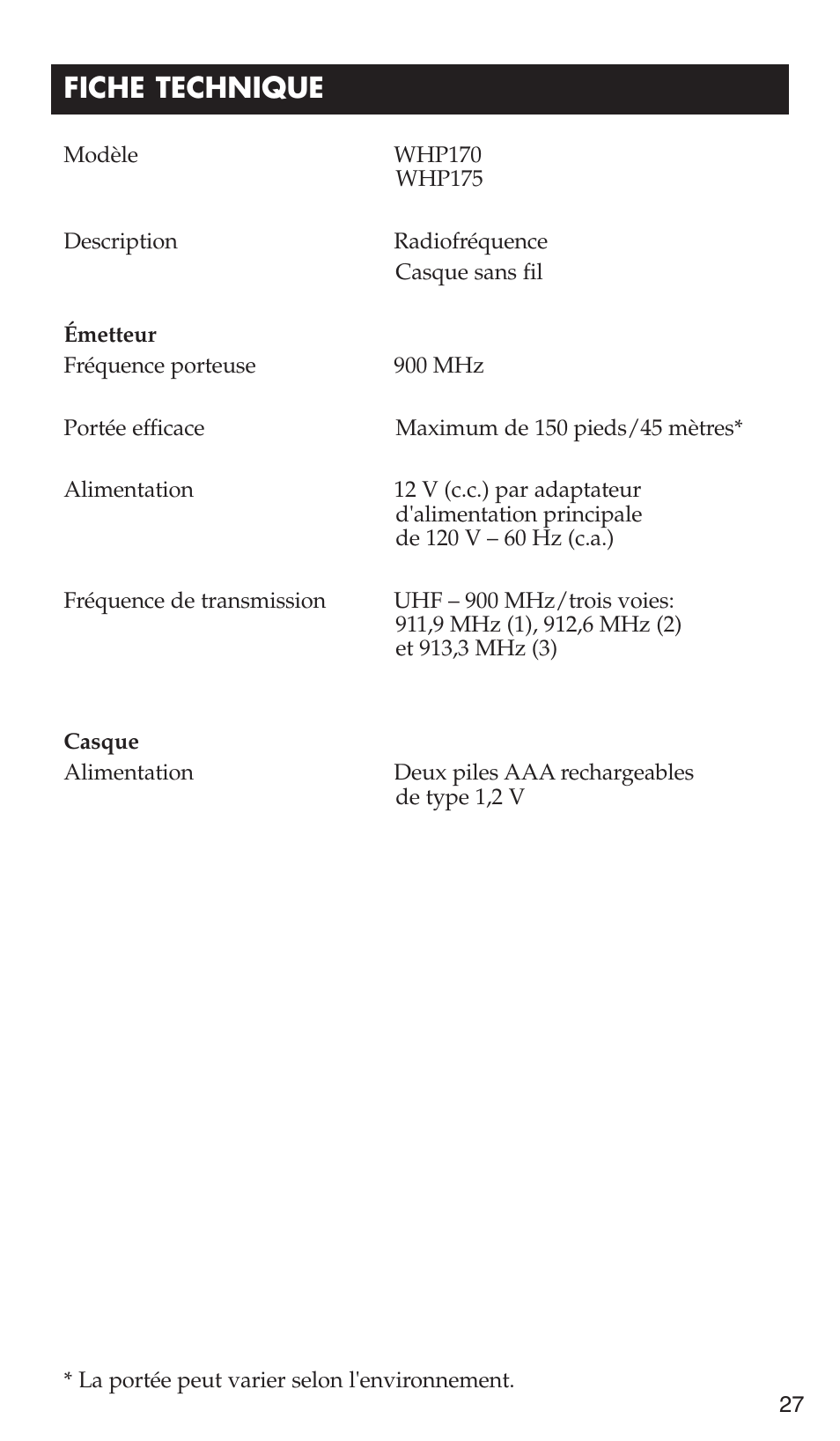 Fiche technique | RCA WHP175 User Manual | Page 27 / 44