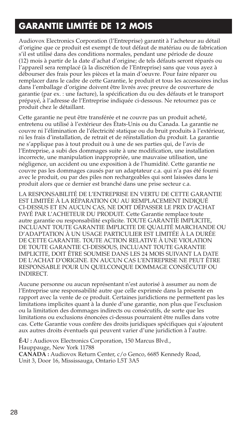 Garantie limitée de 12 mois | RCA WHP175 User Manual | Page 28 / 44