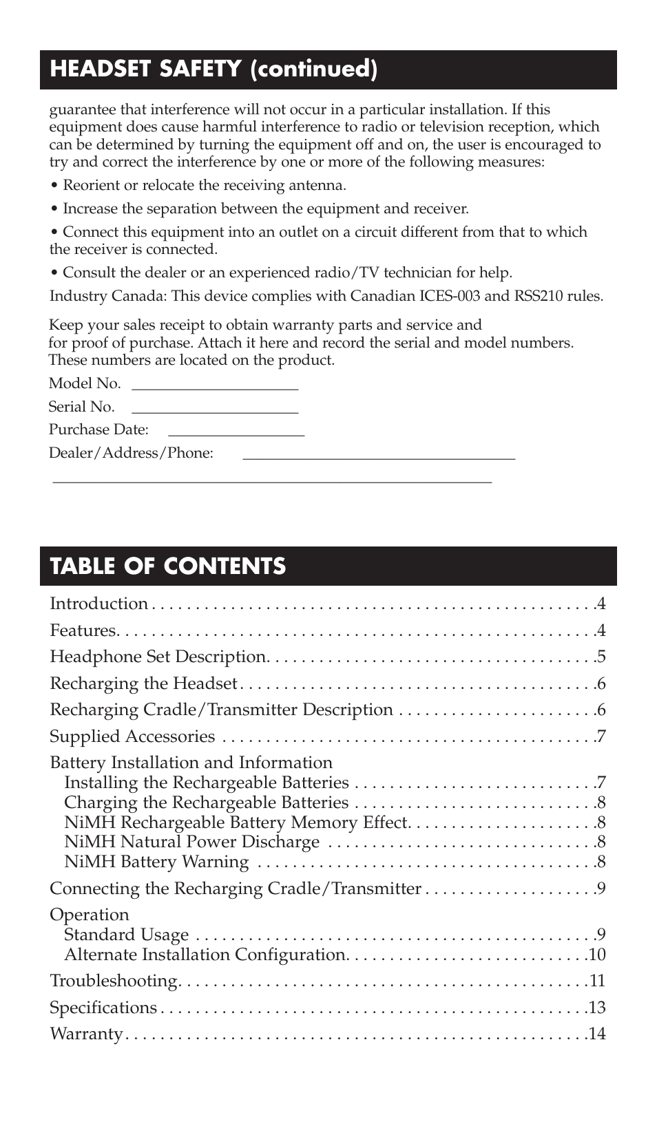 Headset safety (continued) table of contents | RCA WHP175 User Manual | Page 3 / 44