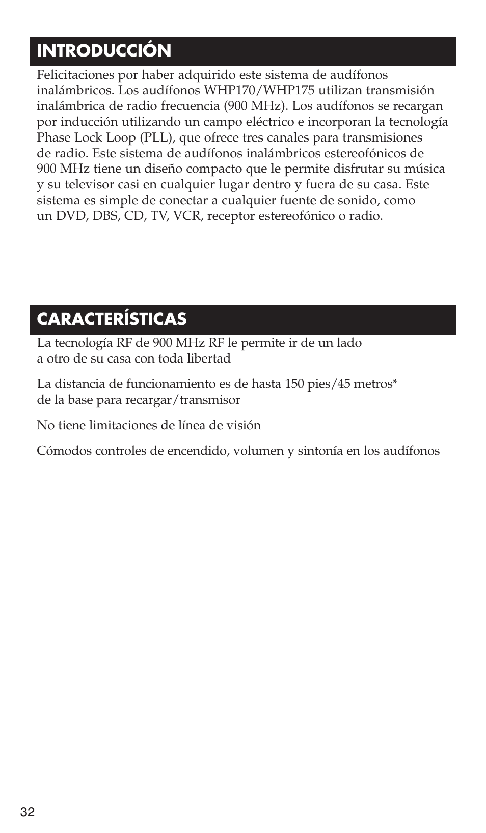 Características, Introducción | RCA WHP175 User Manual | Page 32 / 44