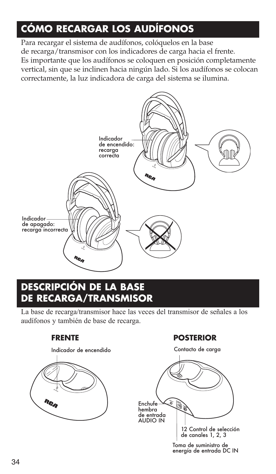 Descripción de la base de recarga/transmisor, Cómo recargar los audífonos | RCA WHP175 User Manual | Page 34 / 44