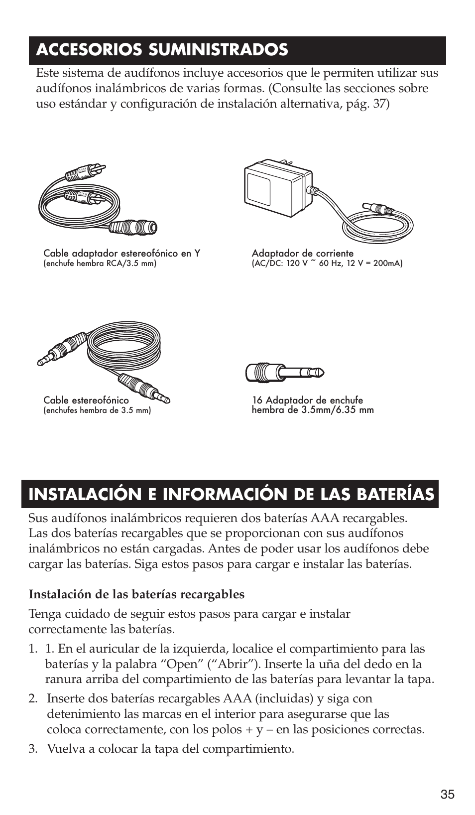 Accesorios suministrados, Instalación e información de las baterías | RCA WHP175 User Manual | Page 35 / 44