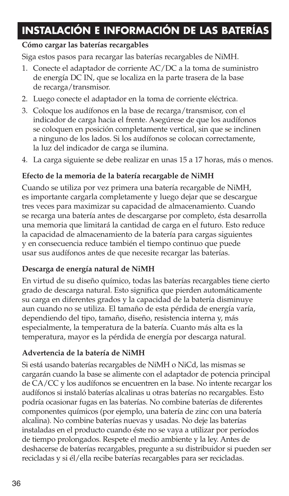 Instalación e información de las baterías | RCA WHP175 User Manual | Page 36 / 44