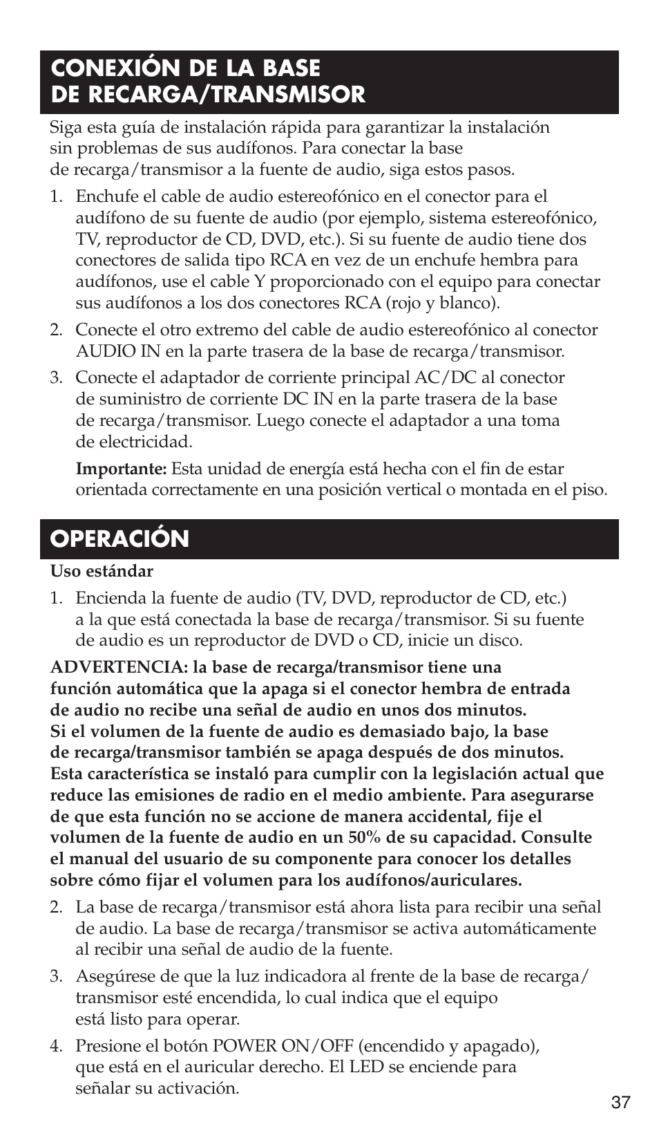 Conexión de la base de recarga/transmisor, Operación | RCA WHP175 User Manual | Page 37 / 44