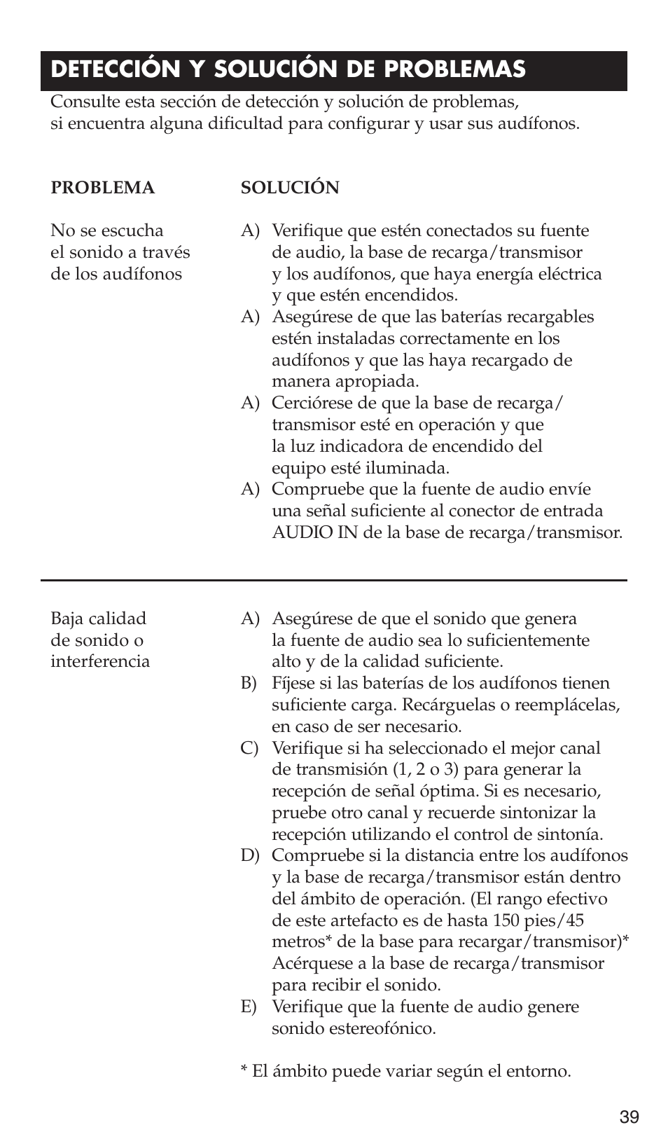 Detección y solución de problemas | RCA WHP175 User Manual | Page 39 / 44