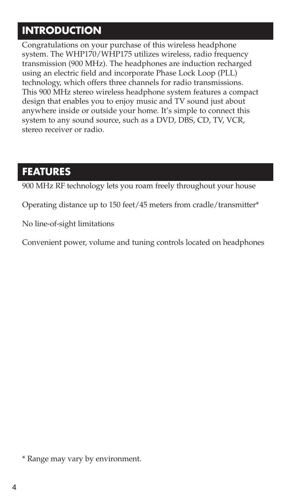 Features, Introduction | RCA WHP175 User Manual | Page 4 / 44