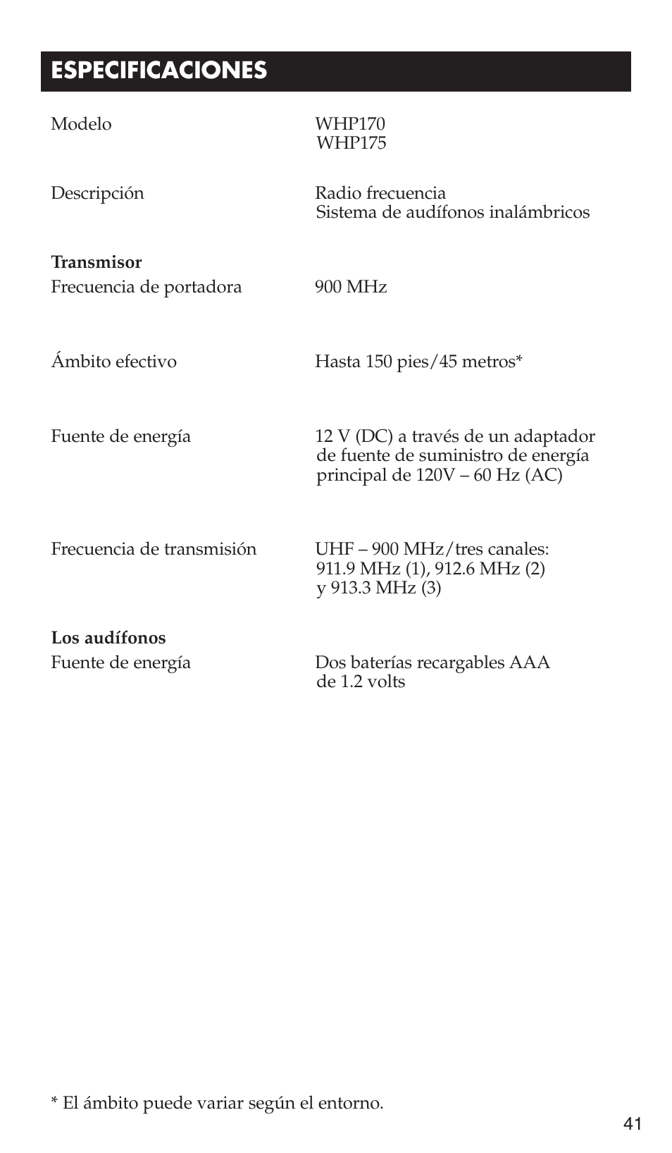 Especificaciones | RCA WHP175 User Manual | Page 41 / 44