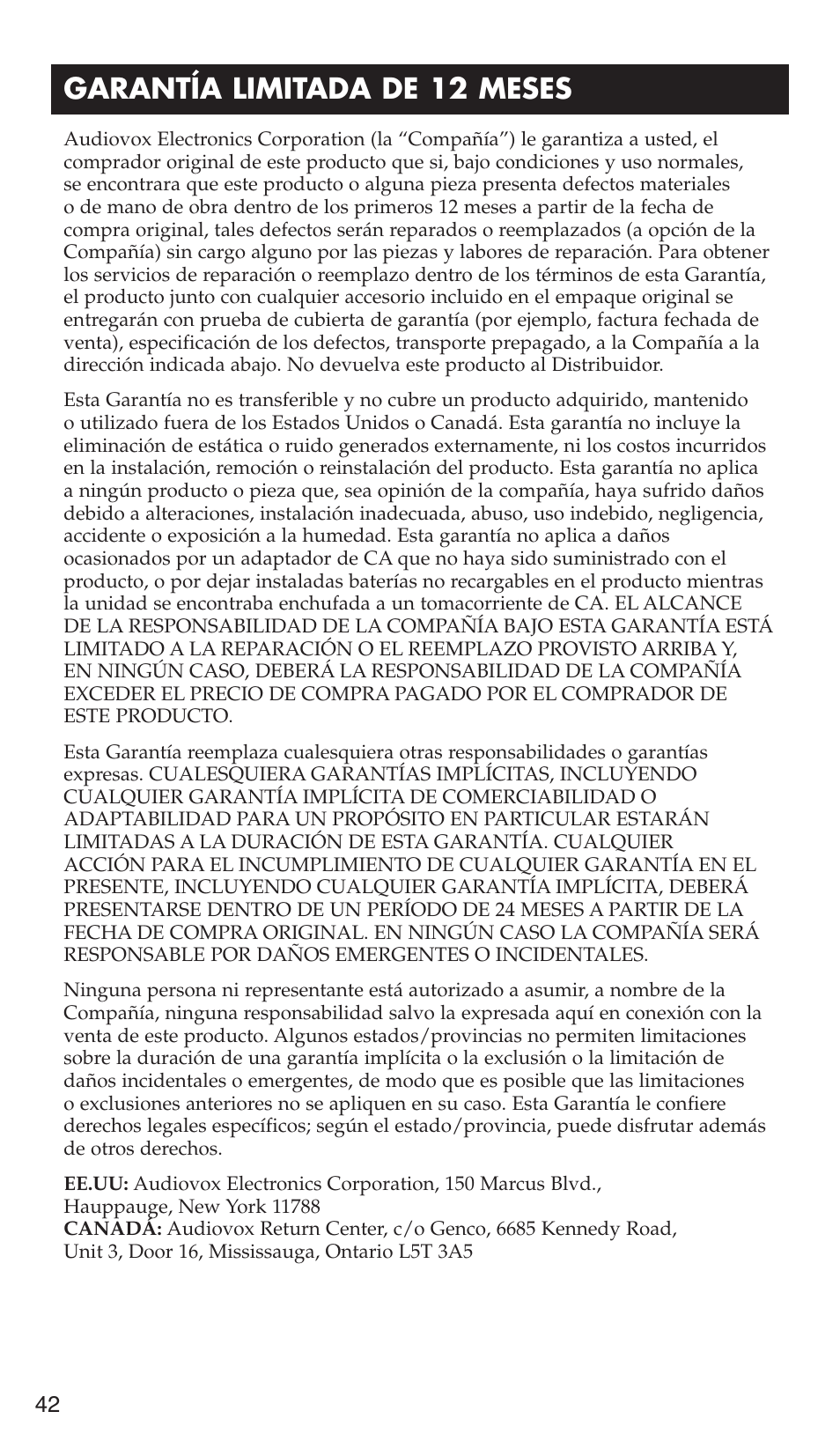 Garantía limitada de 12 meses | RCA WHP175 User Manual | Page 42 / 44