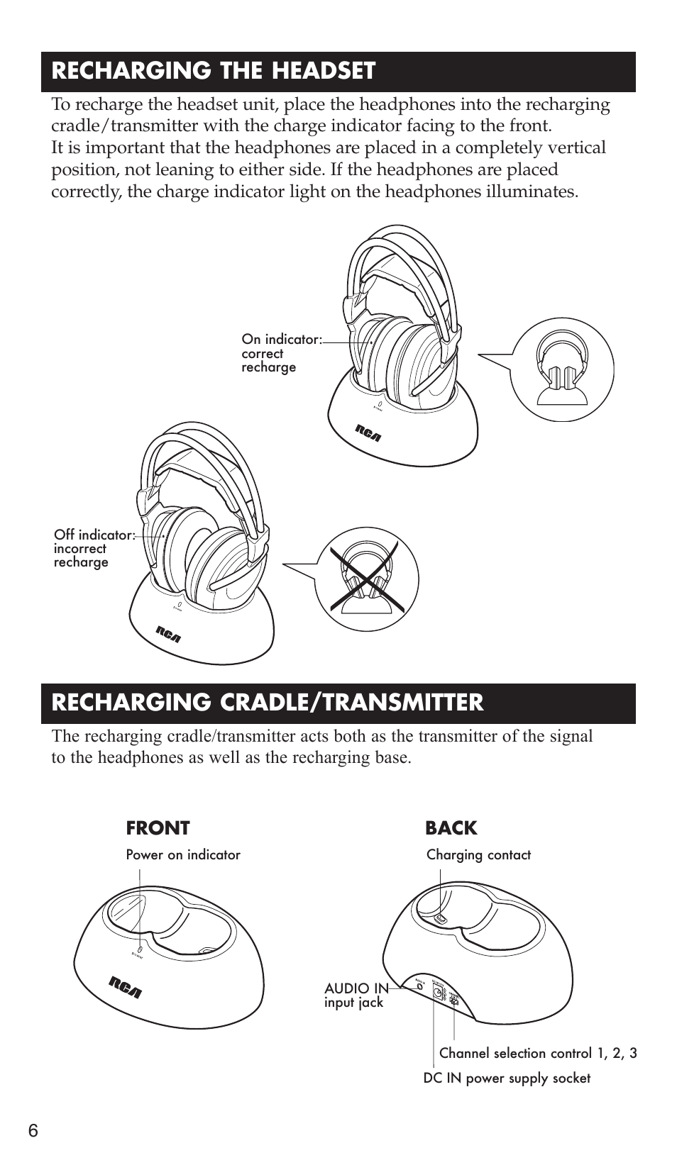 Recharging cradle/transmitter, Recharging the headset | RCA WHP175 User Manual | Page 6 / 44