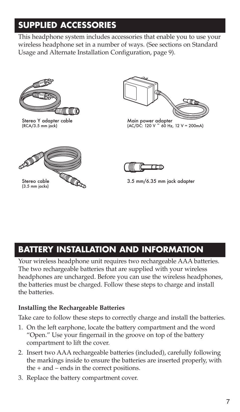 Battery installation and information, Supplied accessories | RCA WHP175 User Manual | Page 7 / 44