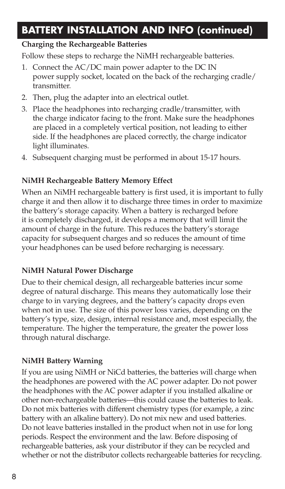 Battery installation and info (continued) | RCA WHP175 User Manual | Page 8 / 44