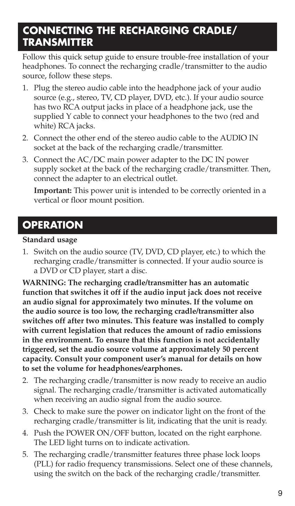 Connecting the recharging cradle/ transmitter, Operation | RCA WHP175 User Manual | Page 9 / 44