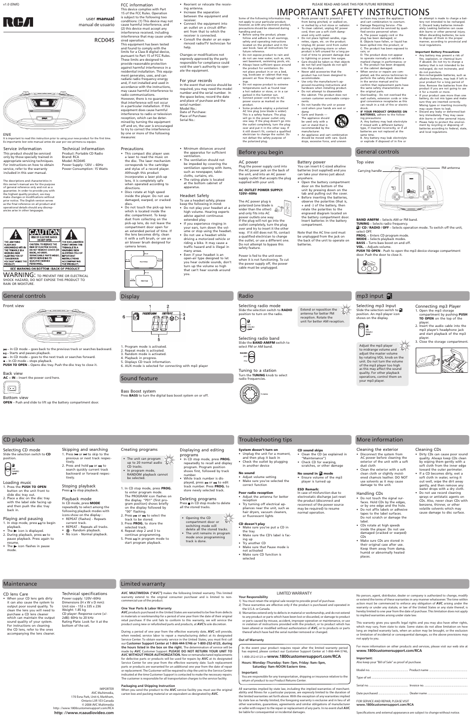 RCA RCD045 User Manual | 1 page