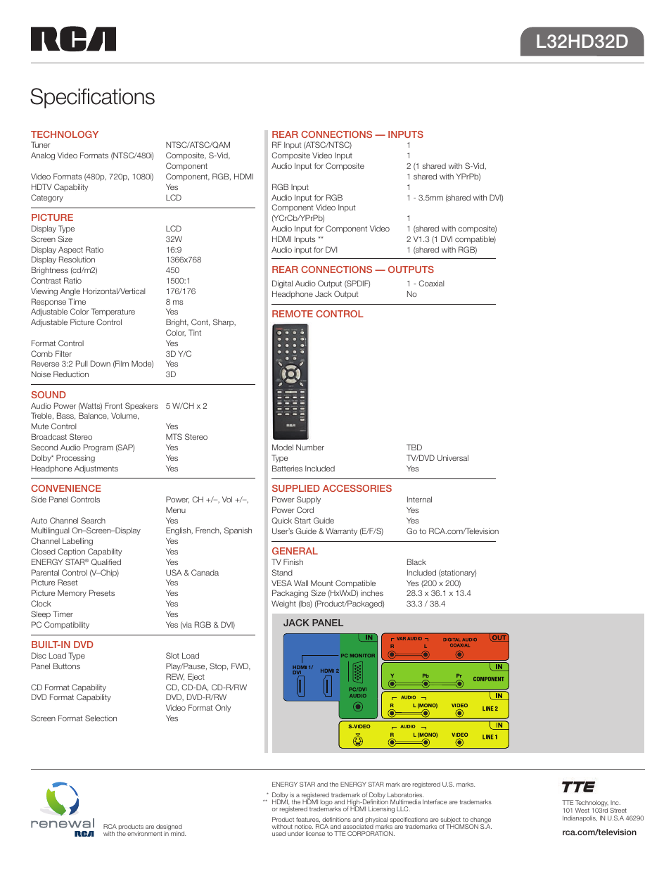 Specifications, L32hd32d | RCA EN-V L32HD32D User Manual | Page 2 / 2