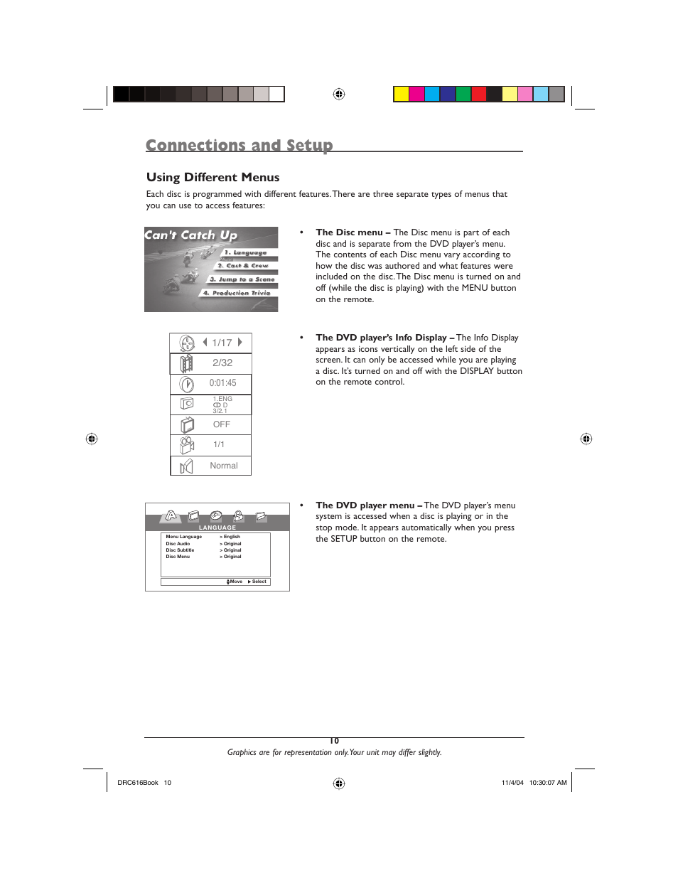 Connections and setup, Using different menus | RCA DRC616N User Manual | Page 12 / 40